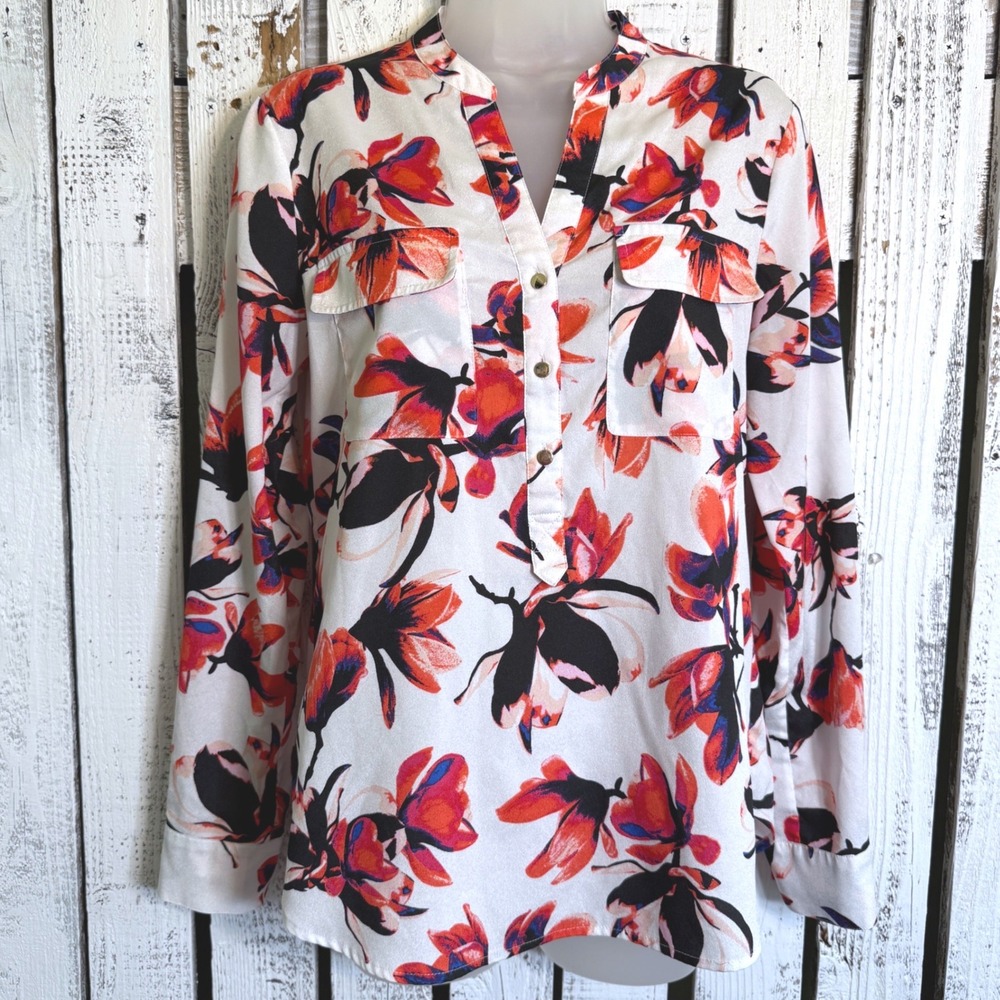 Ivanka Trump Floral Roll Tab Sleeve Blouse Top Size S Gold Accents Office Career